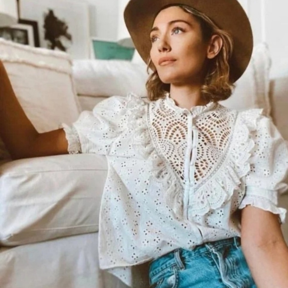 Anthropologie Boho Victorian Crochet Ruffle Neutral Cottagecore Top